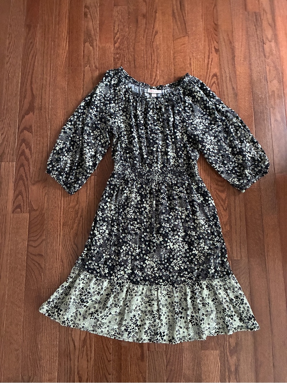 Knox Rose Black Floral Midi Dress with Cream Ruffle Hem